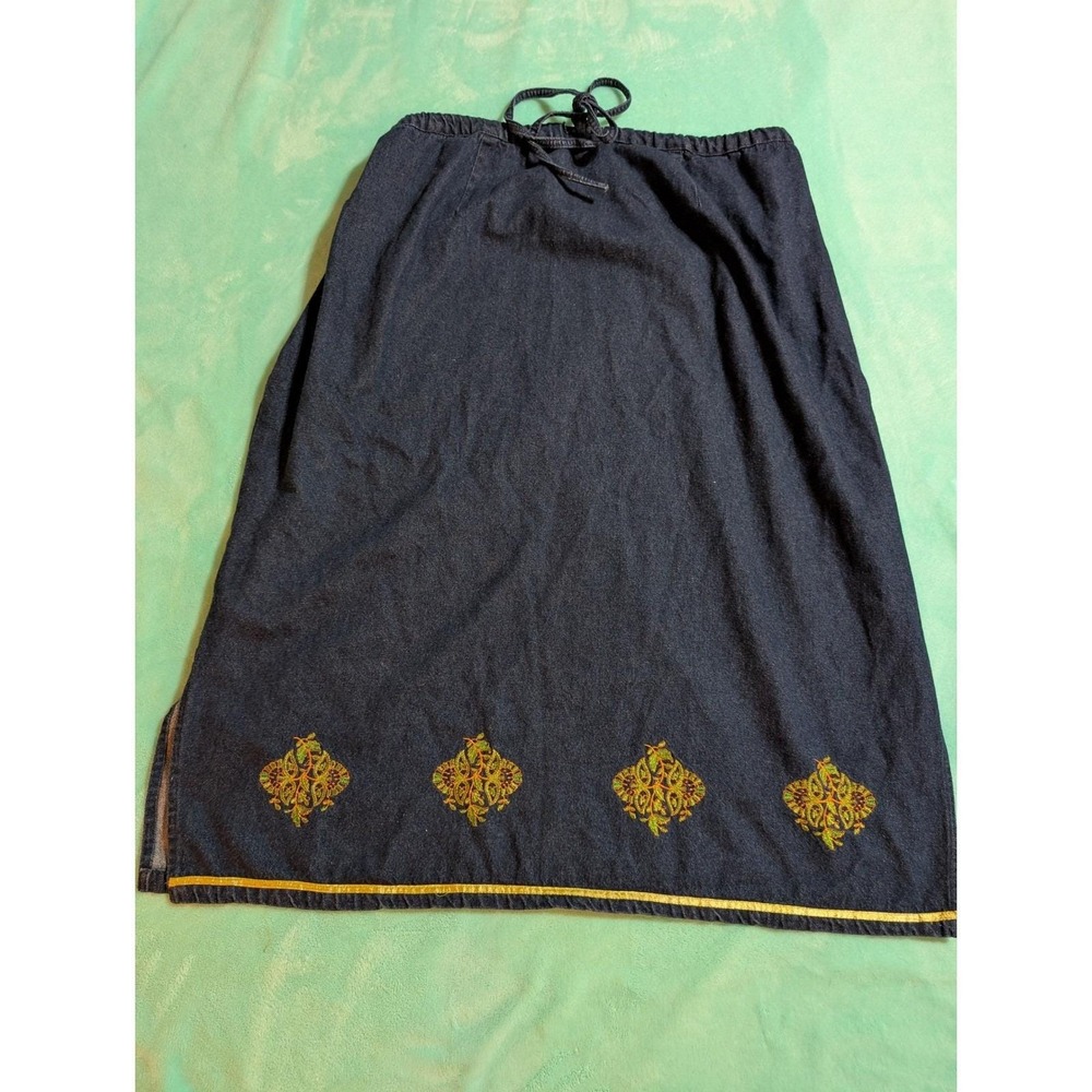 90s Erica Brooke Maxi Denim Skirt Elastic Waist Plus 28 Embroidered Boho charm